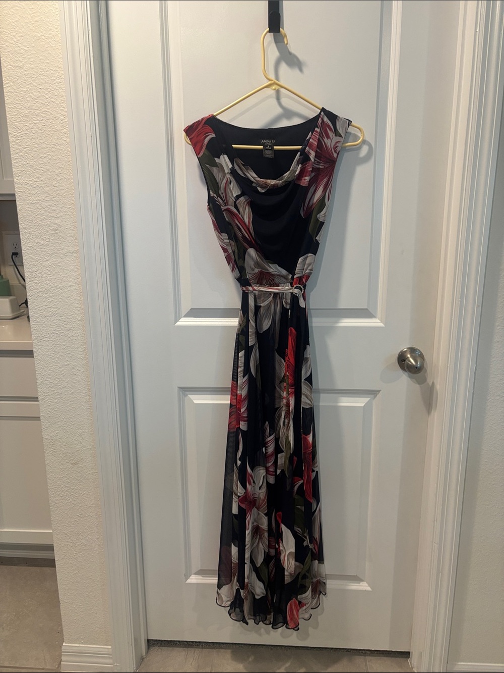 Alex Evenings Black Floral Cowl-Neck Maxi with Red and Cream Accents